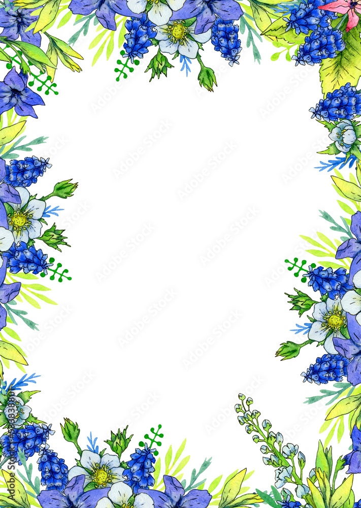 rectangular frame of flowers and leaves of hyacinth, muscari, periwinkle, bird cherry and wild strawberry on a white background.