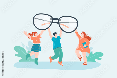 People holding huge eyeglasses flat vector illustration. Eyesight, vision, examination, healthcare, diagnosis concept for banner, website design or landing web page