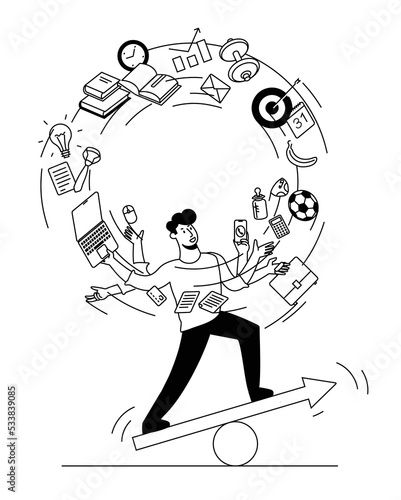 A man juggles his tasks. Illustration metaphor meaning time management, clear management of tasks and his time. A balance between work and personal life.