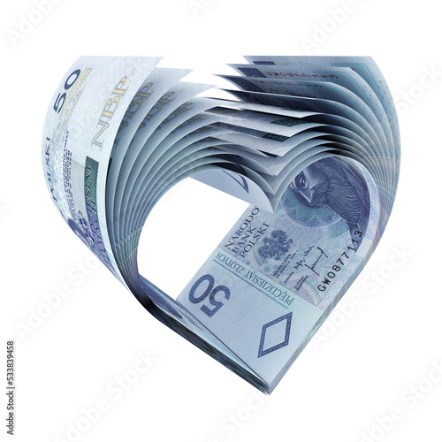 Banknoty 50 PLN uformowane w kształt symbolu serca