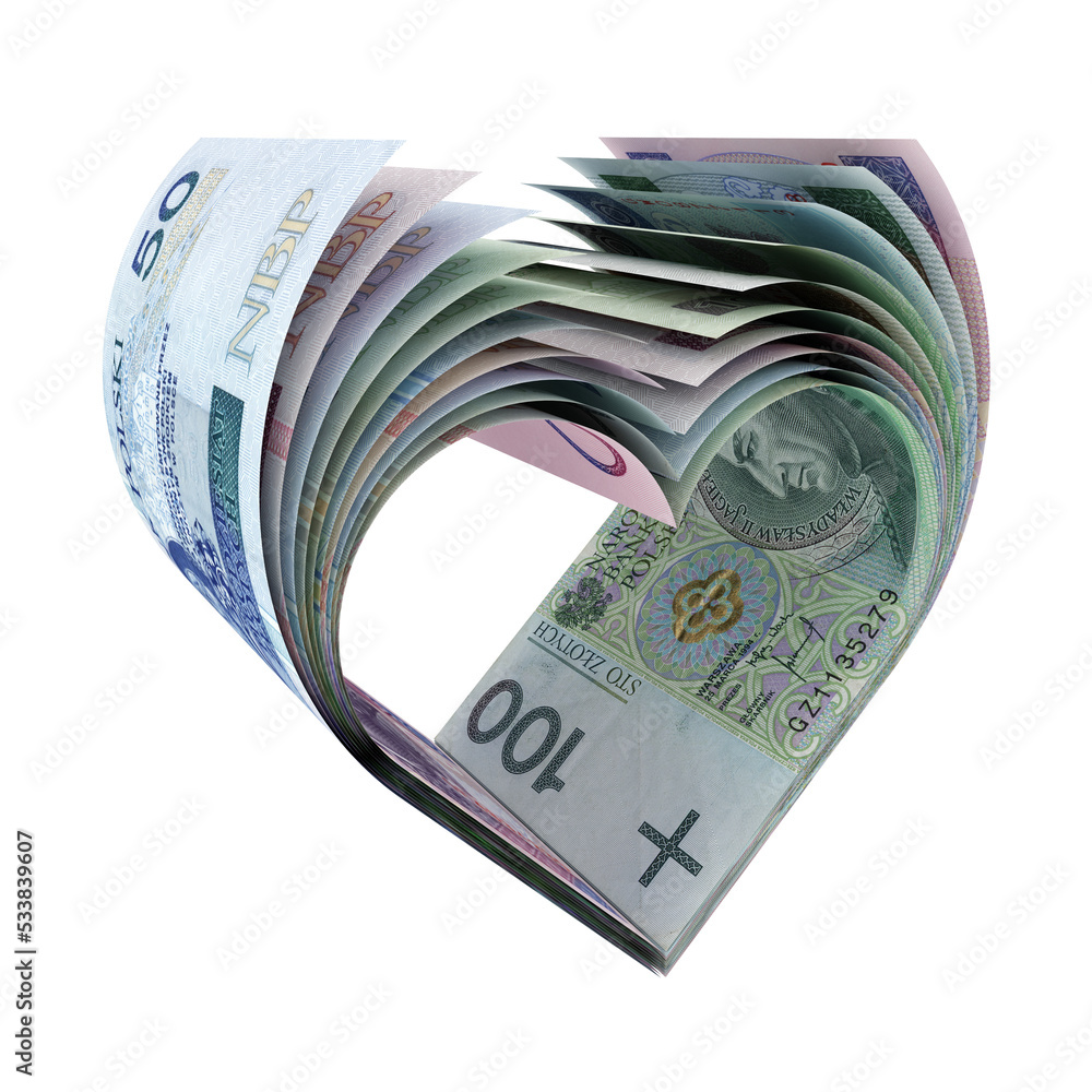 Banknoty PLN uformowane w kształt symbolu serca - obrazy, fototapety, plakaty 
