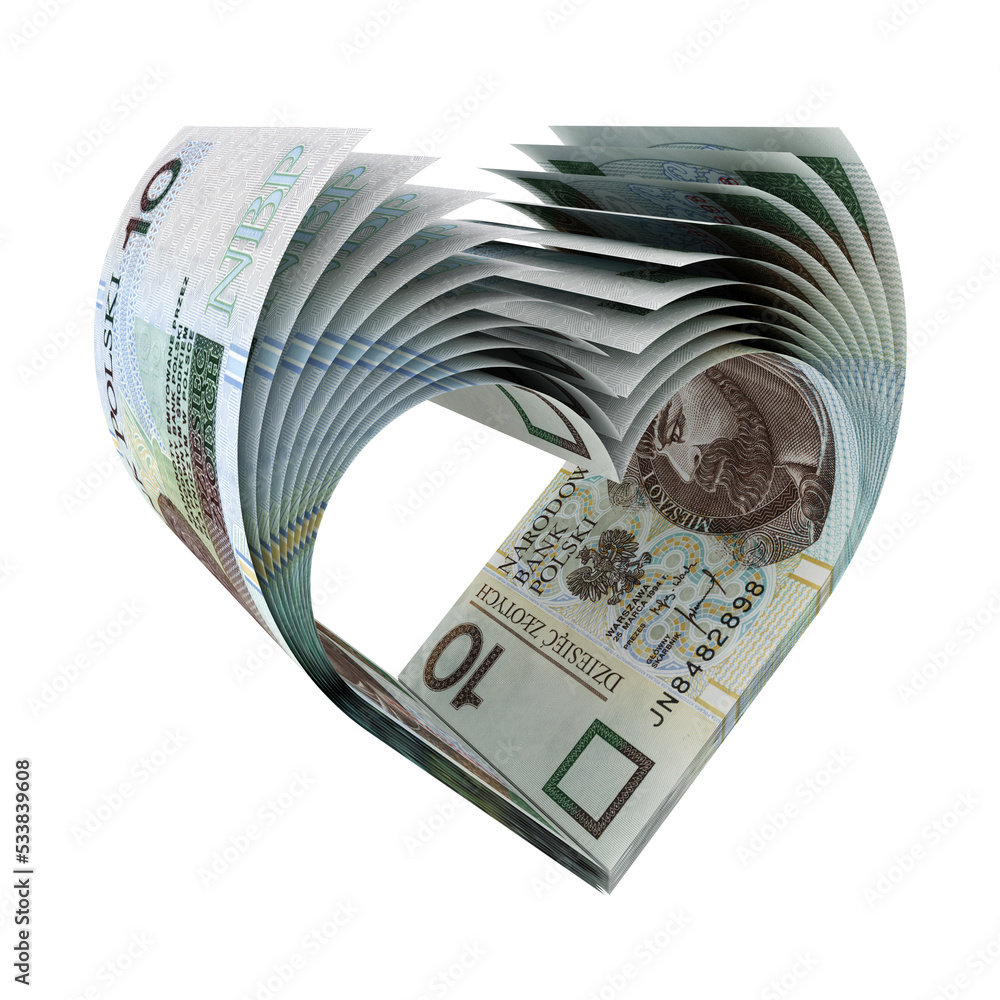 Banknoty 10 PLN uformowane w kształt symbolu serca - obrazy, fototapety, plakaty 