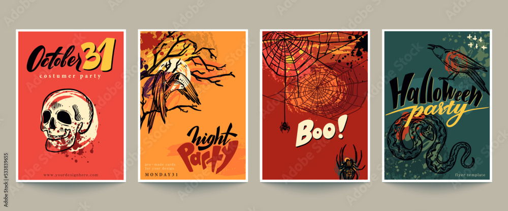 Set of four vector Halloween pre-made cards or posters with hand drawn elements and abstract texture.