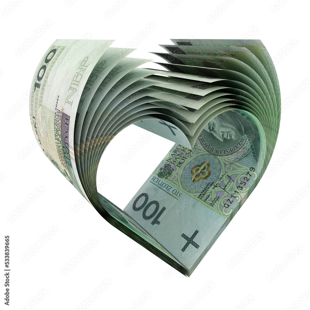 Banknoty 100 PLN uformowane w kształt symbolu serca - obrazy, fototapety, plakaty 