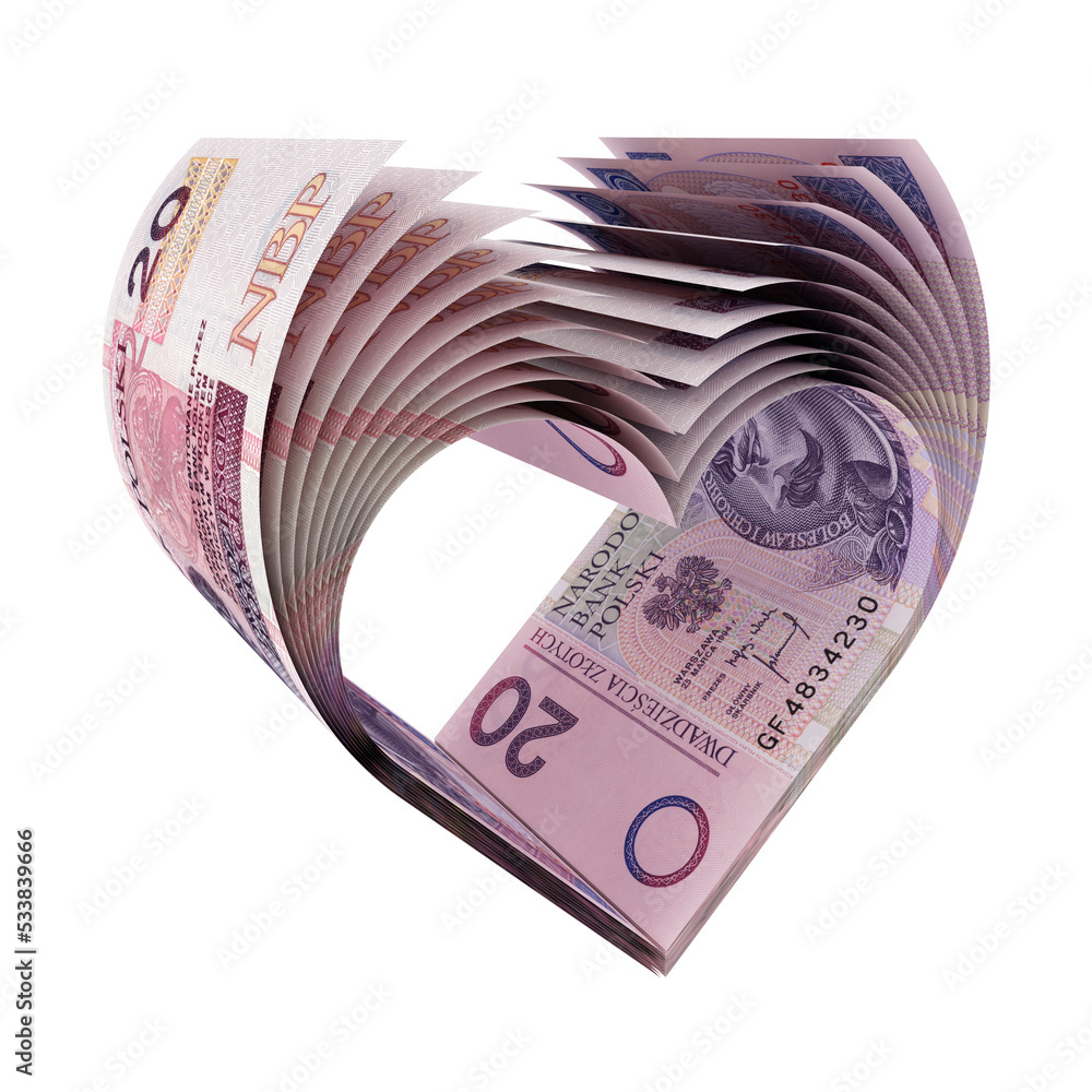Banknoty 20 PLN uformowane w kształt symbolu serca - obrazy, fototapety, plakaty 
