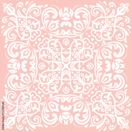 Elegant vintage vector ornament in classic style. Abstract pink and white traditional ornament with oriental elements. Classic vintage pattern