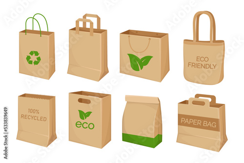 Obraz na płótnie Recyclable paper bags vector illustrations set. Cartoon drawings of eco friendly packaging for food or grocery shopping in store isolated on white background. Recycling, ecology, environment concept w salonie