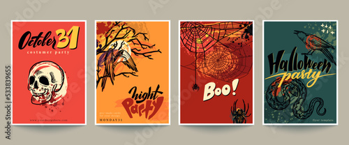 Set of four vector Halloween pre-made cards or posters with hand drawn elements and abstract texture.