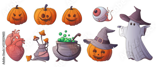 Set of vector illustration of Halloween elements. Pumpkins with scary smiles. Ghost with witch hat on. Mushrooms, cauldron, heart, eyeball. Witchcraft elements. For Halloween design and decoration.
