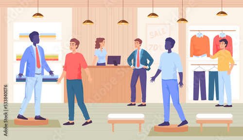 Men buying clothes in retail store flat vector illustration. Cartoon male characters consulting with cashier or shop assistant, choosing outfit. Fashion, shopping mall concept