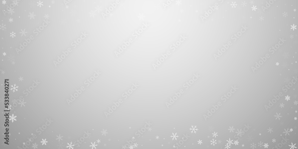 Christmas falling snow background. Subtle flying snow flakes and stars. Festive winter silver snowflake overlay template. Vector illustration Christmas falling snow background. Subtle flying snow flakes and stars. Festive winter silver snowflake overlay template. Vector illustration