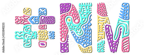 NM Hashtag. Multicolored bright isolate curves doodle letters. Hashtag #NM is abbreviation for the US American state New Mexico for social network, web resources, mobile apps.