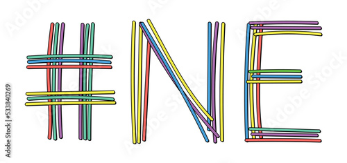 NE Hashtag. Isolate neon doodle lettering text from multi-colored curved neon lines like from a felt-tip pen, pensil. #NE is abbreviation for the US America state Nebraska for banner, social network