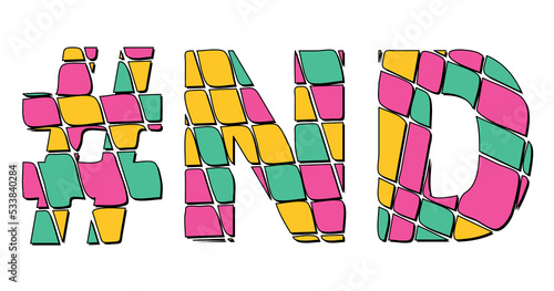 ND Hashtag. Tricolor isolated letters from contrast flowing fluid shapes. 3 colored Hashtag #ND is abbreviation for the US American state North Dakota for social network, web resources, mobile app