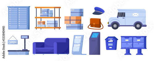 Delivery or post office objects vector illustrations set. Postal indoor elements, parcels on cupboard shelves, couch, mailboxes isolated on white background. Mail, express delivery service concept