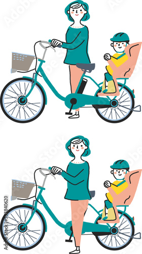 電動アシスト付き自転車を押す母親とチャイルドシートに座る子ども　イラスト素材
