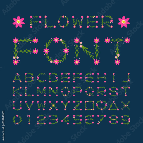 Isolated pink flower font alphabet character with number and symbol, Vector floral wreath ivy style with branch and leaves.