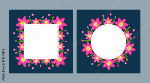 Common size of floral greeting card and invitation template for wedding or birthday anniversary, Vector shape of text box label and frame, Colorful flowers wreath ivy style with branch and leaves.