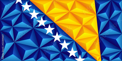 Abstract polygonal background in the form of colorful blue and yellow pyramids. Polygonal flag of Bosnia and Herzegovina.