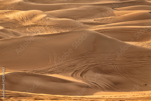 View of sand dunes criss crossed with vehicle tracks Dubai © Steve Lovegrove
