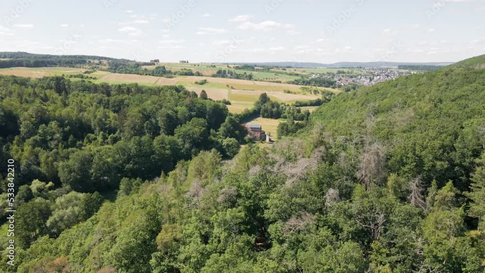 Aerial Flyover A Forest Revealing A Stunning House In The Middle Of Nowhere, Hesse Aerial Flyover A Forest Revealing A Stunning House In The Middle Of Nowhere, Hesse