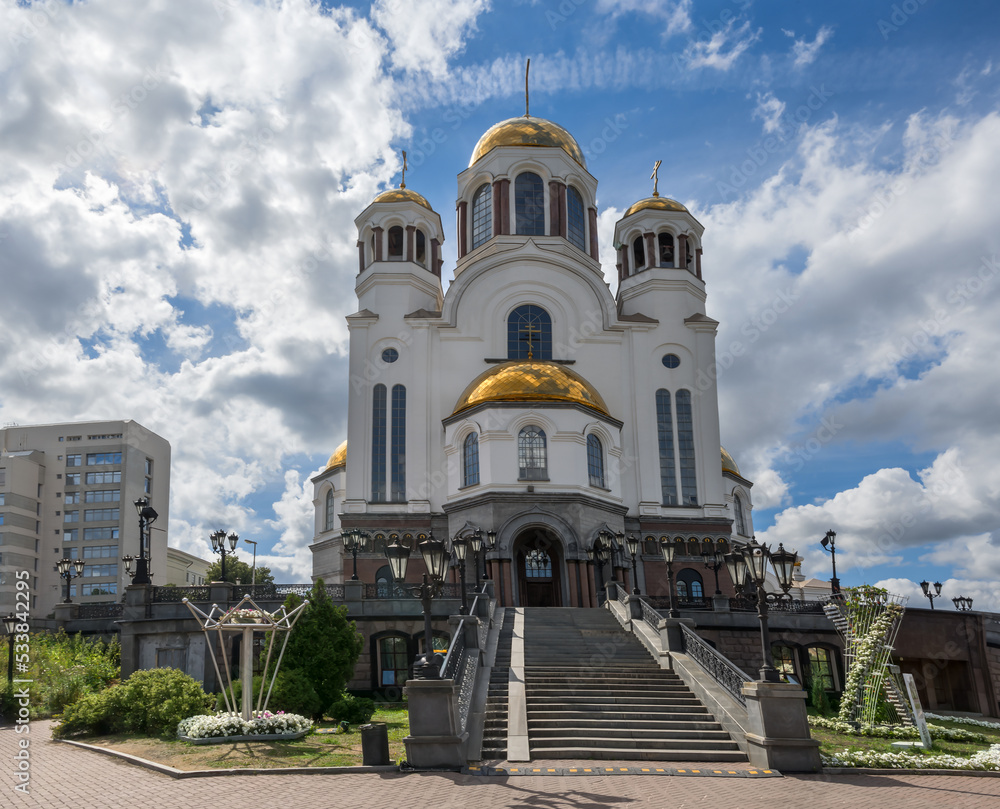 The majestic Church-on-the-Blood in Yekaterinburg (Russia) on a hill.