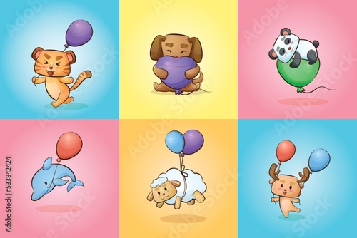 Cute animal cat dog panda deer goat dolphin tiger cartoon with party balloon illustration set
