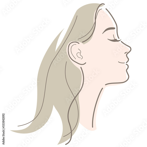Profile of young woman with long hair. Smiling with her eyes closed. Vector illustration in line drawing, isolated on white background.