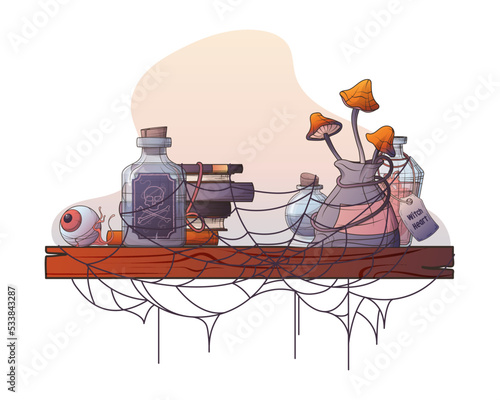 Vector illustration of shelf with witch bottles, eyeball, poison, mushrooms, books with cobwebs. Illustration for Halloween, poster decoration, banner design, greeting cards. 