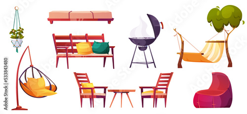 Backyard or patio furniture for relax and cooking grill for bbq. Garden bench, hammock, bean bag chair, table, tree and hanging chair isolated on white background, vector cartoon set