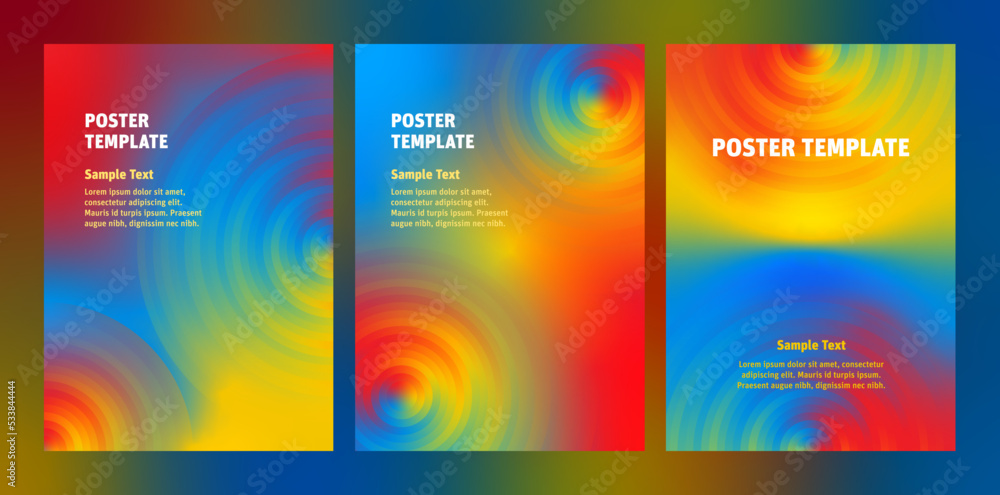 Set colorful abstract posters with gradient circles. Background design with fluid spiral shapes and bright colors. Multiple Swatches suggestions for easy Recolor Artwork.