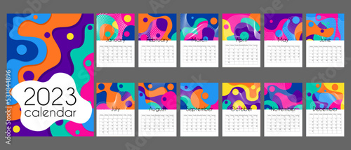 Abstract calendar 2023 in vertical A4 format. Week starts on Sunday. 12 months and cover. Colorful calendar with geometric waves. Modern flat style. With place for notes. Isolated on gray background.