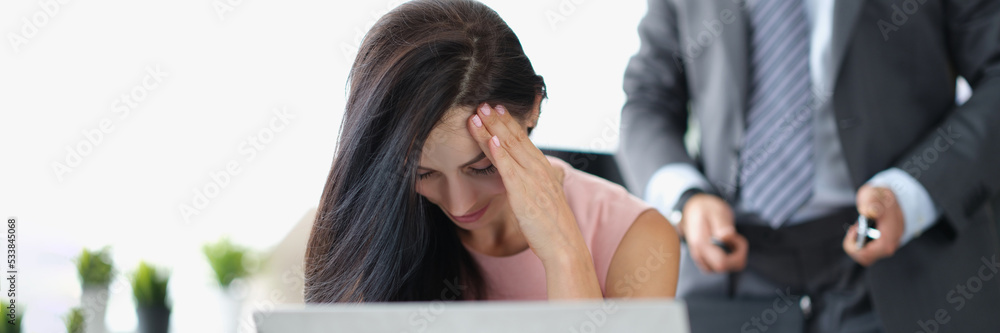 Secretary close face feeling ashamed and shy because of her boss harassment Secretary close face feeling ashamed and shy because of her boss harassment