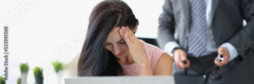 Billede på lærred Secretary close face feeling ashamed and shy because of her boss harassment