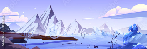 Cartoon winter scenery with rocky mountain range and frozen lake covered with snow, broken tree and bushes, blue sky with clouds. Vector illustration of nordic nature landscape in frosty weather
