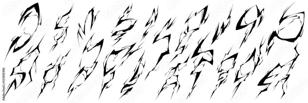Black lightning silhouettes, thunderbolts. Earth ground, rock or floor cracks, vector cartoon illustration. Electric strikes, lightnings isolated on white background