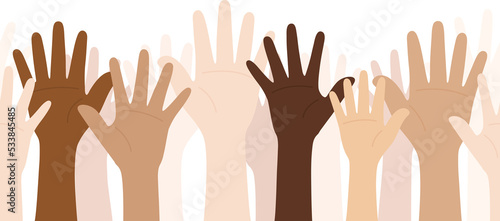 Flat design illustration of people with different skin colors raising their hands. Unity concept. 