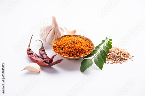 Sesame garlic chilli dry chutney powder,  Til Lahsun chutney, Indian side dish or relish photo