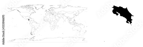 Vector Costa Rica map showing country location on world map and solid map for Costa Rica on white background. File is suitable for digital editing and prints of all sizes.