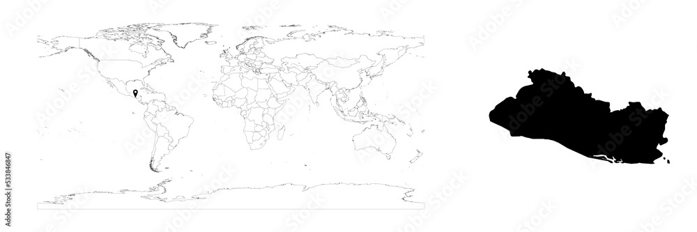 Vector El Salvador map showing country location on world map and solid map for El Salvador on white background. File is suitable for digital editing and prints of all sizes. Vector El Salvador map showing country location on world map and solid map for El Salvador on white background. File is suitable for digital editing and prints of all sizes.