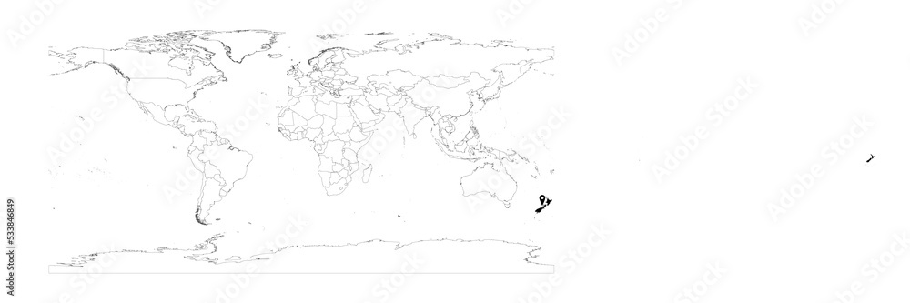 Vector New Zealand map showing country location on world map and solid map for New Zealand on white background. File is suitable for digital editing and prints of all sizes.