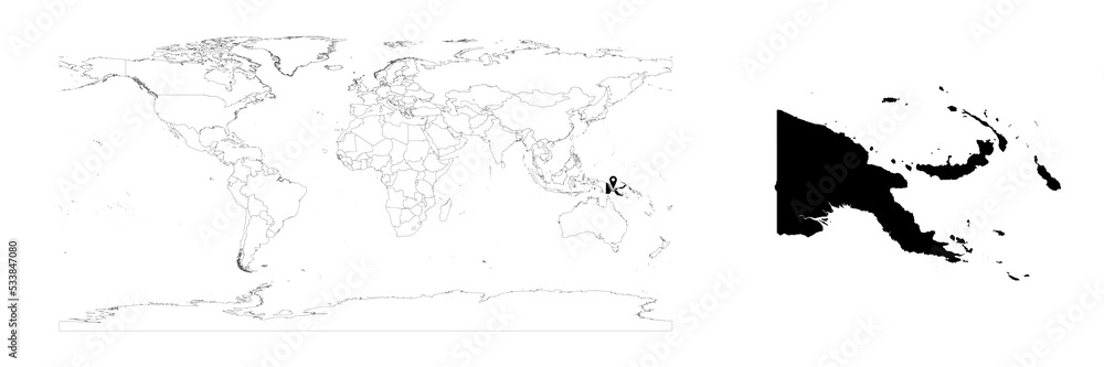 Vector Papua New Guinea map showing country location on world map and solid map for Papua New Guinea on white background. File is suitable for digital editing and prints of all sizes.