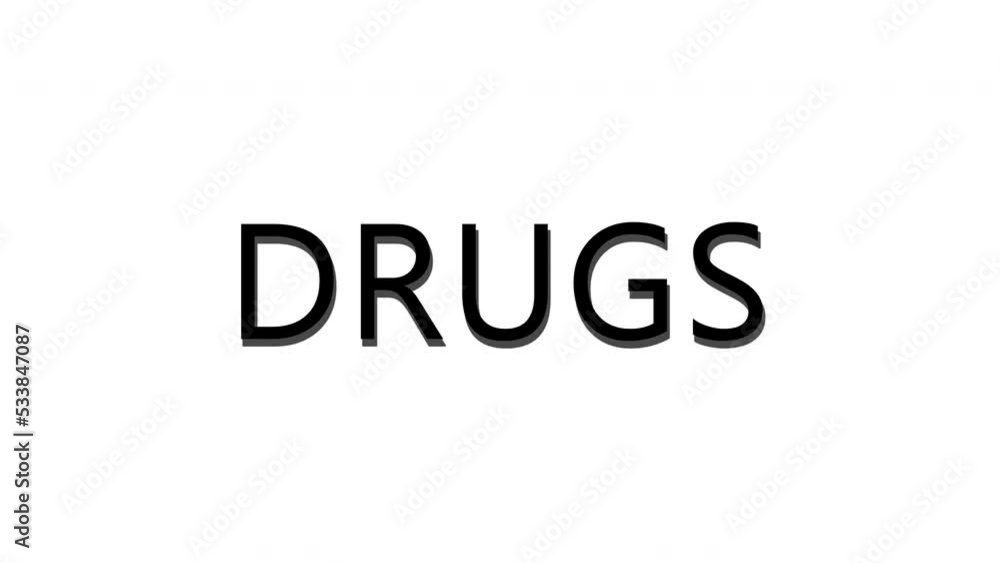 DRUGS word text animation in 4K 60FPS. Digital Words Intro, conceptual video animation. Explainer video intro. DRUGS word text animation in 4K 60FPS. Digital Words Intro, conceptual video animation. Explainer video intro.