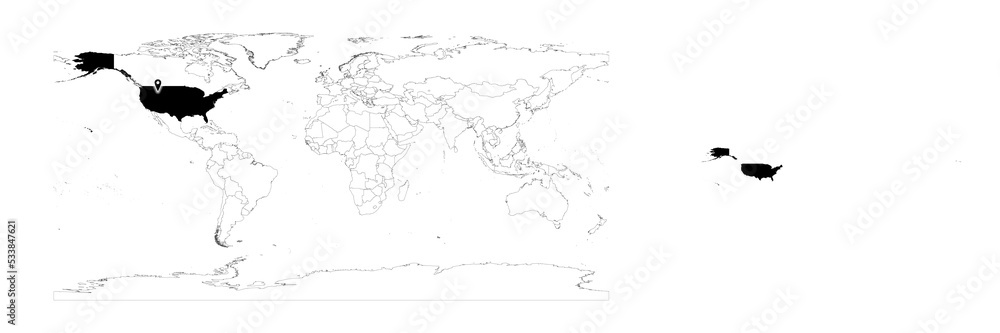 Vector United States of America map showing country location on world map and solid map for United States of America on white background. File is suitable for digital editing and prints of all sizes.