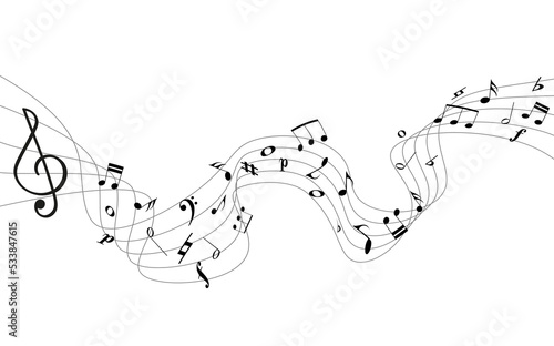 Hand drawn black music staff and various notes 3d wave design isolated on white background. Banner for sound, song, presentation, audio, online concert, social media.