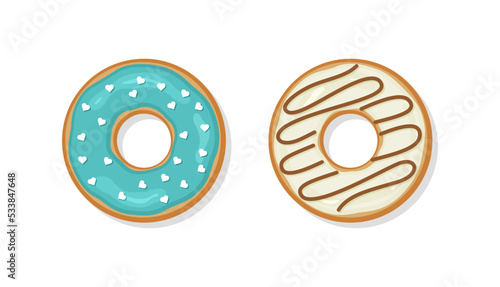 Donuts with cream and sprinkles. Two glazed doughnuts. Sweet birthday pastry. Confectionery dessert with glossy icing isolated on white background. Flat cartoon design. Vector illustration.