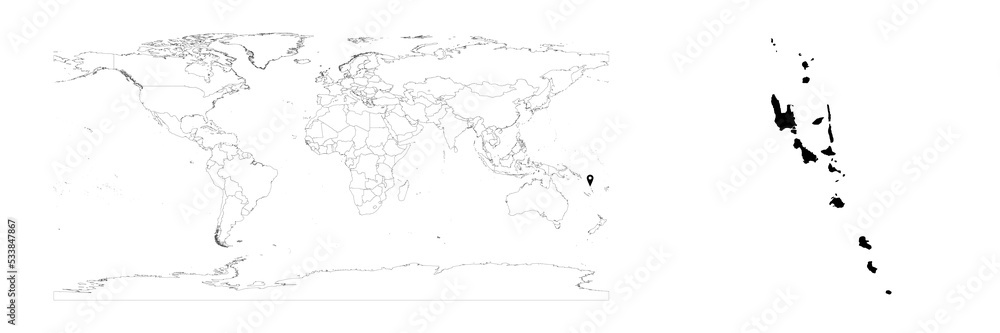 Vector Vanuatu map showing country location on world map and solid map for Vanuatu on white background. File is suitable for digital editing and prints of all sizes.