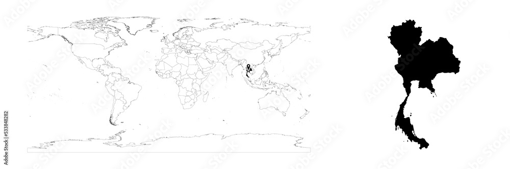 Vector Thailand map showing country location on world map and solid map for Thailand on white background. File is suitable for digital editing and prints of all sizes.