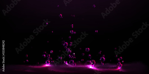 Abstract background with purple liquid and rising up air bubbles. Water splash with flying drops in neon light. Boiling magic potion on black background, vector realistic illustration