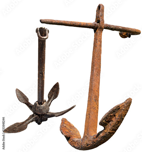 Tableau sur toile Two old rusty anchors (folding grapnel anchor), isolated on transparent background, photography, png